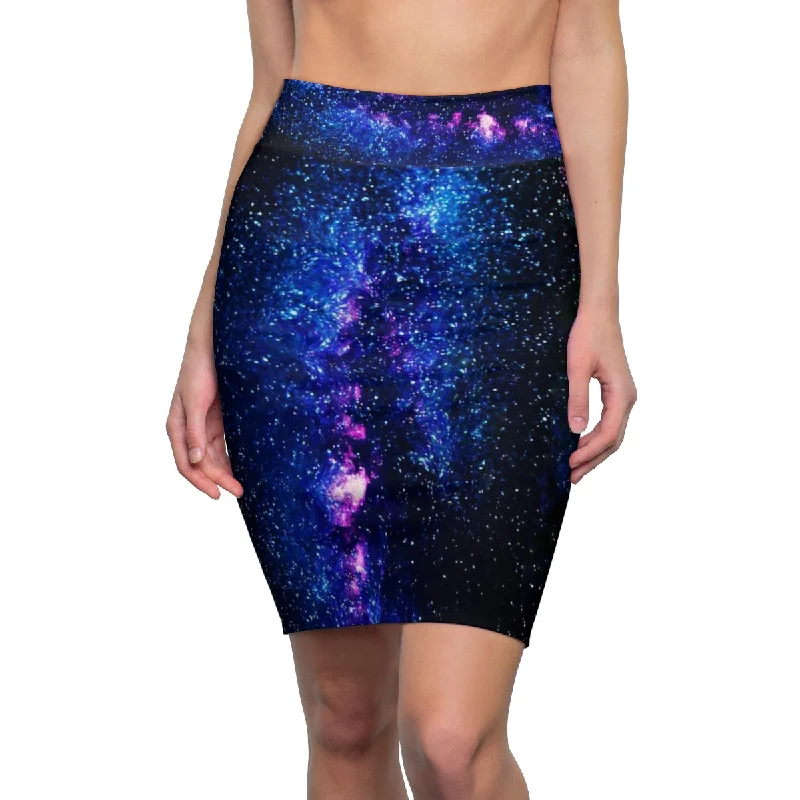 Blue Space Pencil Skirt, Galaxy Print Designer Women's Pencil Skirt-Made in USA (US Size: XS-2XL) lightweight skirt design