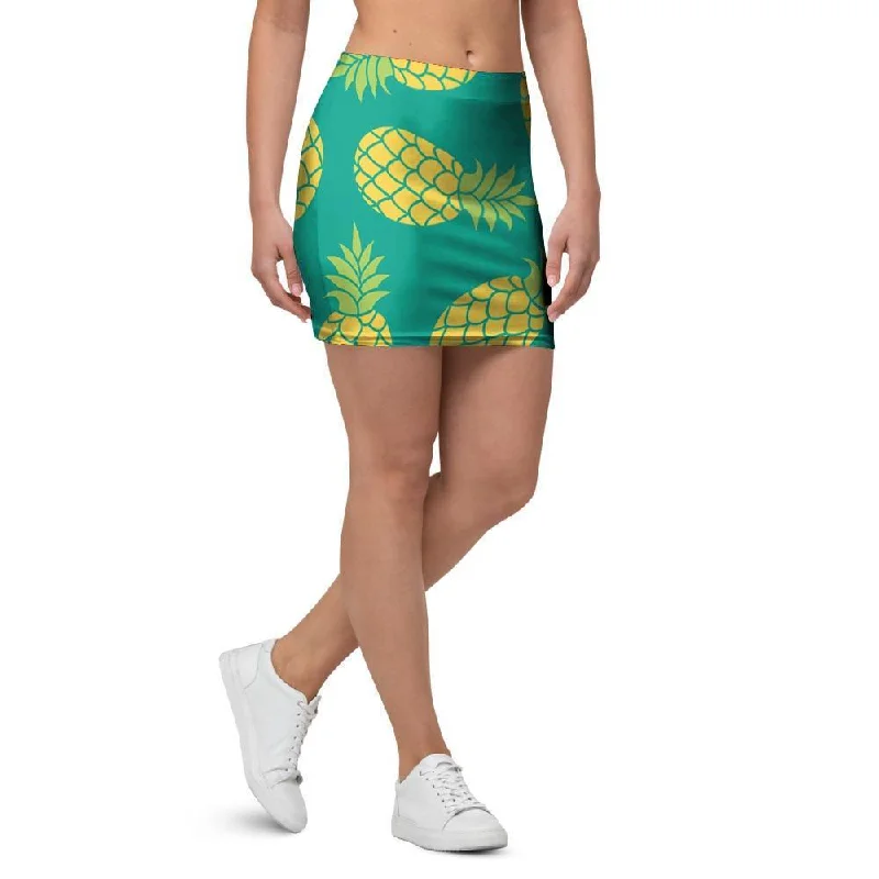 Green Pineapple Print Mini Skirt silk skirt lustrous