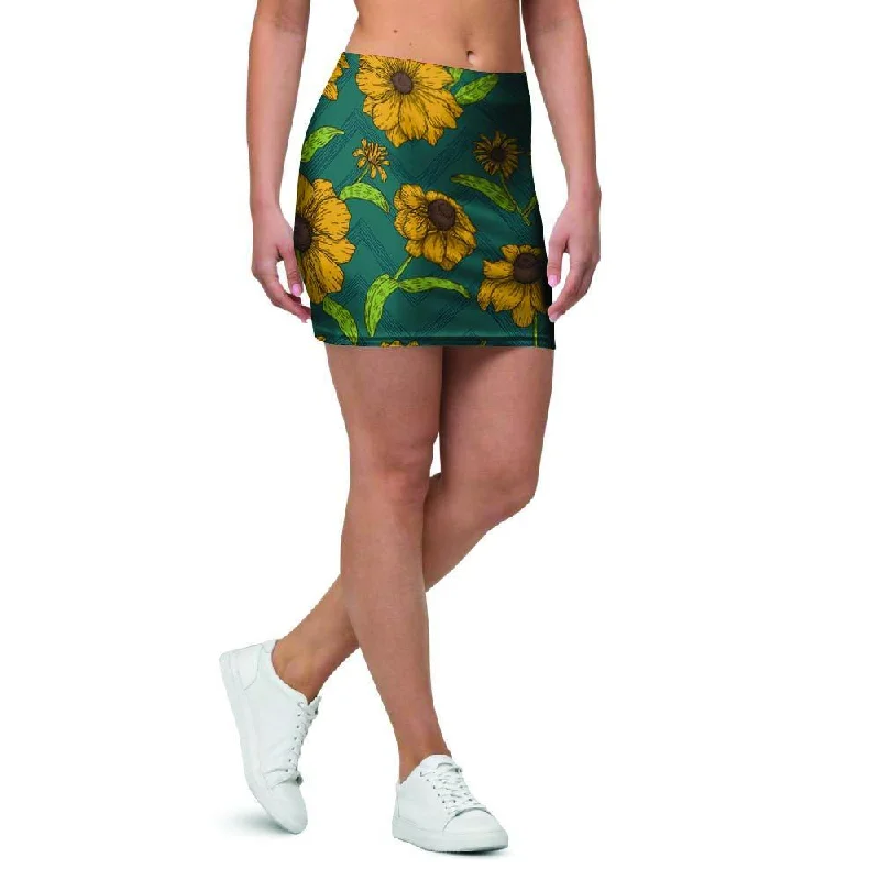 Green Zigzag Sunflower Mini Skirt corduroy skirt durable