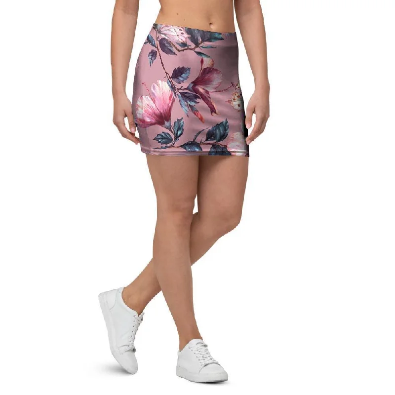 Hand Drawn Hibiscus Print Mini Skirt velvet skirt luxurious