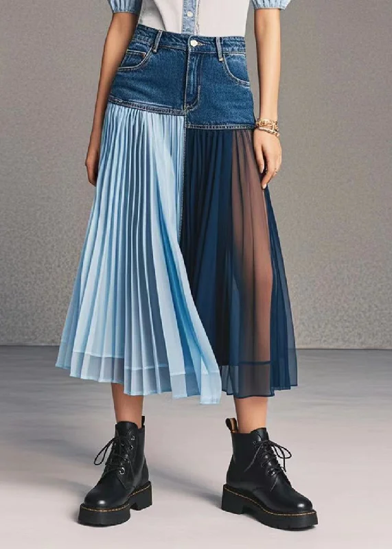 Italian Asymmetrical Patchwork Wrinkled Denim Skirt Fall silk skirt luxurious