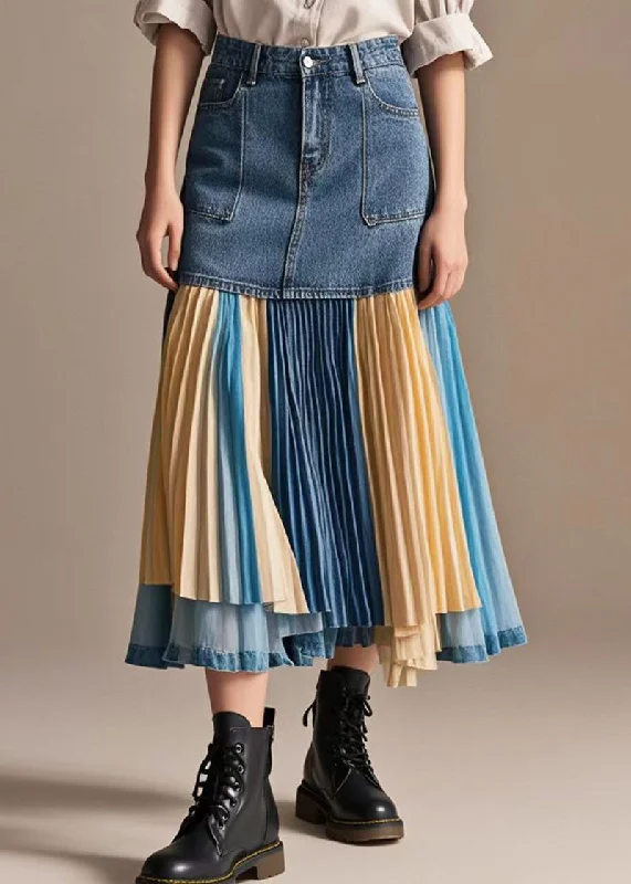 Italian Rainbow Striped Patchwork Denim Pleated Skirt Fall leather skirt bold