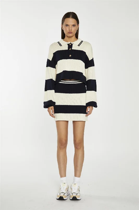 Navy-Cream Stripe Bodycon Knitted Mini-Skirt wool skirt warm