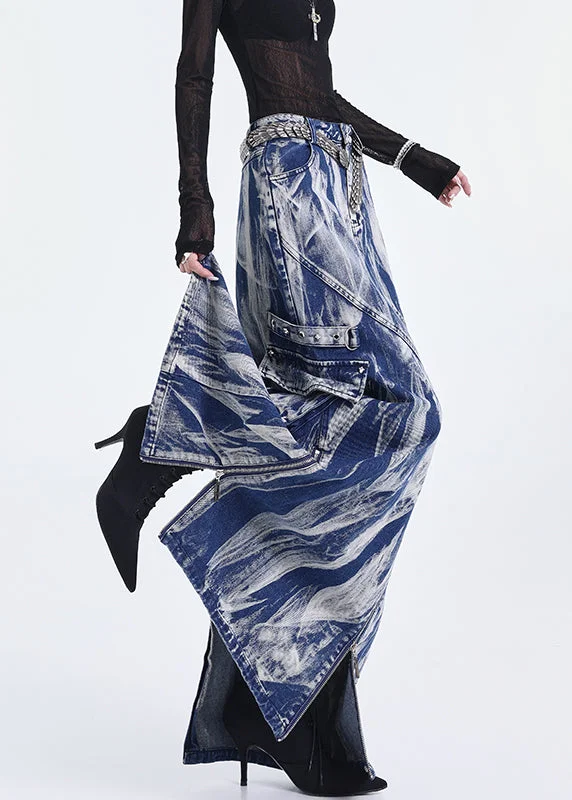 Original American Style Blue Tie Dye Zippered With Large Pockets Denim Skirt Fall maxi skirt elegant