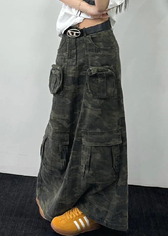 Original Design Camouflage Pockets Denim Maxi Skirts Fall chiffon skirt lightweight