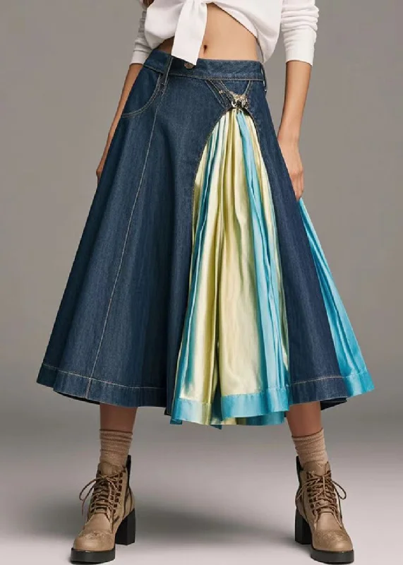 Plus Size Navy Asymmetrical Patchwork Tie Dye Denim A Line Skirts Fall linen skirt relaxed