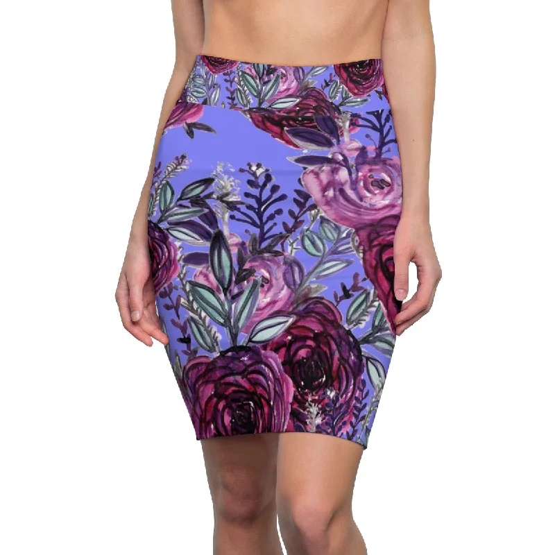 Purple Pink Floral Pencil Skirt, Best Rose Floral Print Designer Women's Pencil Skirt-Made in USA (US Size: XS-2XL) chiffon skirt delicate