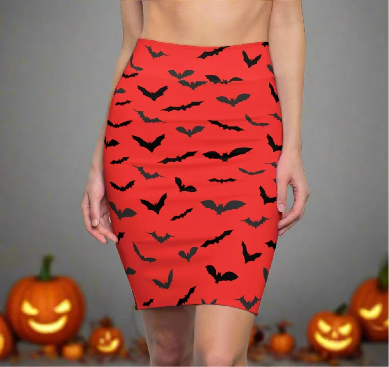 Red Halloween Bats Pencil Skirt, Best Red Black Halloween Bats Pencil Skirt, Red Black Halloween Bats Print Women's Pencil Skirt- Made in USA (US Size: XS-2XL) silk skirt smooth