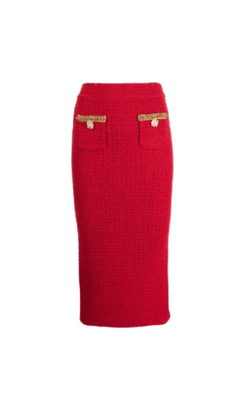 RED KNIT MIDI SKIRT ruffled skirt detail