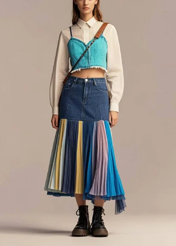 Silm Fit Navy High Waist Patchwork Denim Pleated Skirt Fall ruffled skirt detail