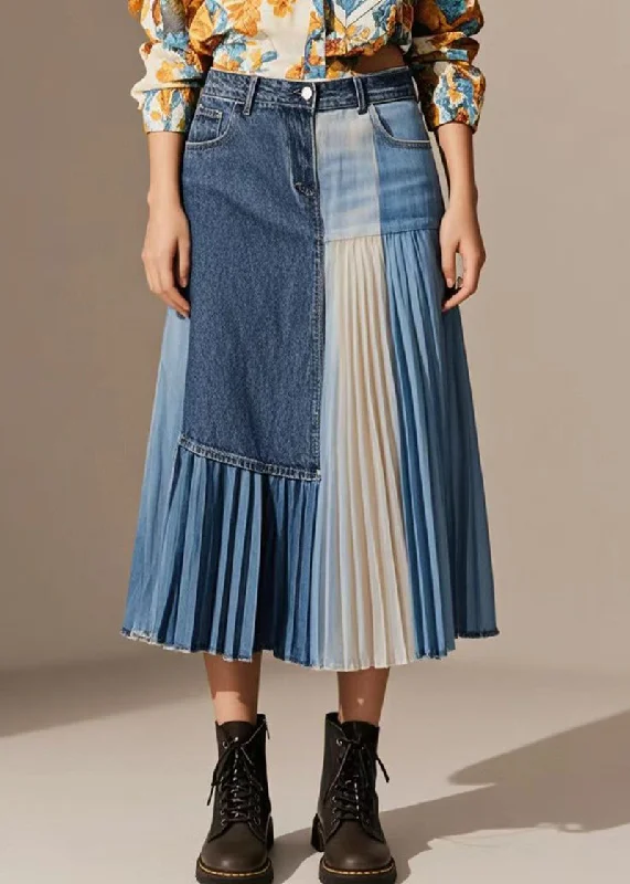 Unique Blue Asymmetrical Patchwork Wrinkled Denim Skirts Fall leather skirt modern