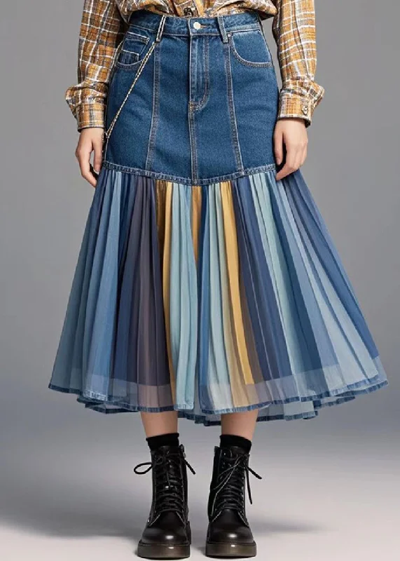 Women Blue Patchwork Rainbow Striped Denim Skirt Fall cashmere skirt rich