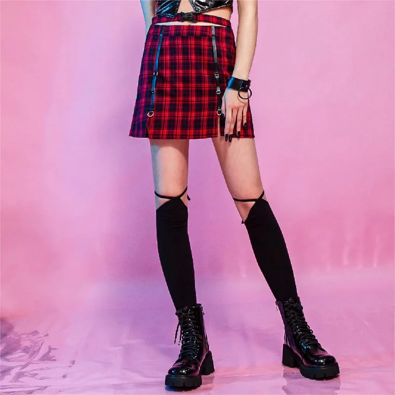 Women's Grunge Cutout Buckle Plaid Skirt wool skirt thick