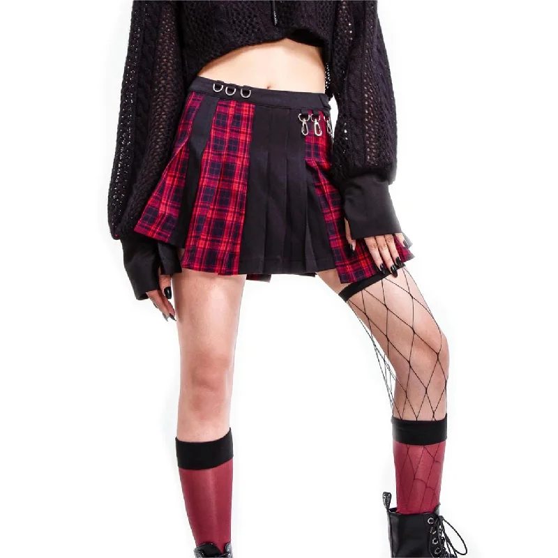 Women's Grunge Irregular Plaid Splice Pleated Skirt Red leather skirt durable